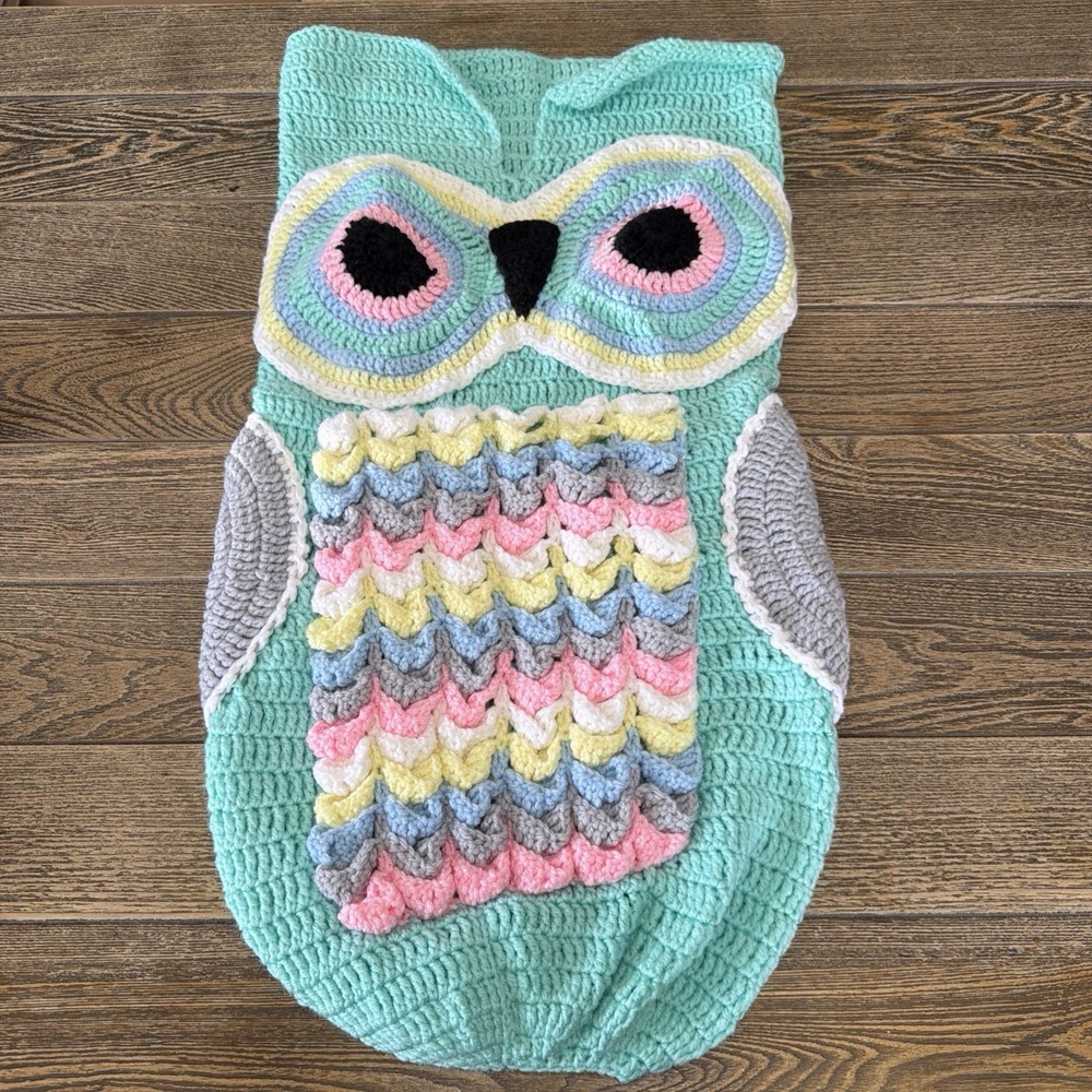 Handmade Newborn Crochet Owl Cocoon Blanket Set Aqua Green Unisex Photo Prop Big